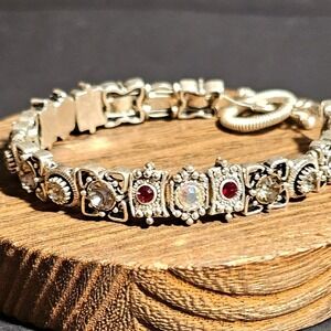 Vintage Silver Tone Crystal Link Bracelet Ruby Red AB Clear Stones Toggle Clasp